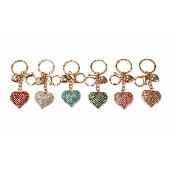 SET Of 6! Dazzling Rhinestone Heart Keychain Purse Charm Gold Tone - Picture 3 of 15